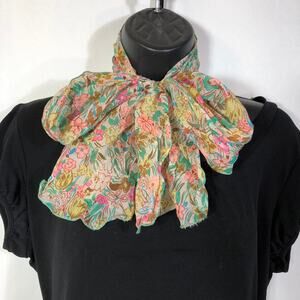 Floral Scarf, Pink Green Brown Long Semi Sheer Coquette Office, Retro Vintage